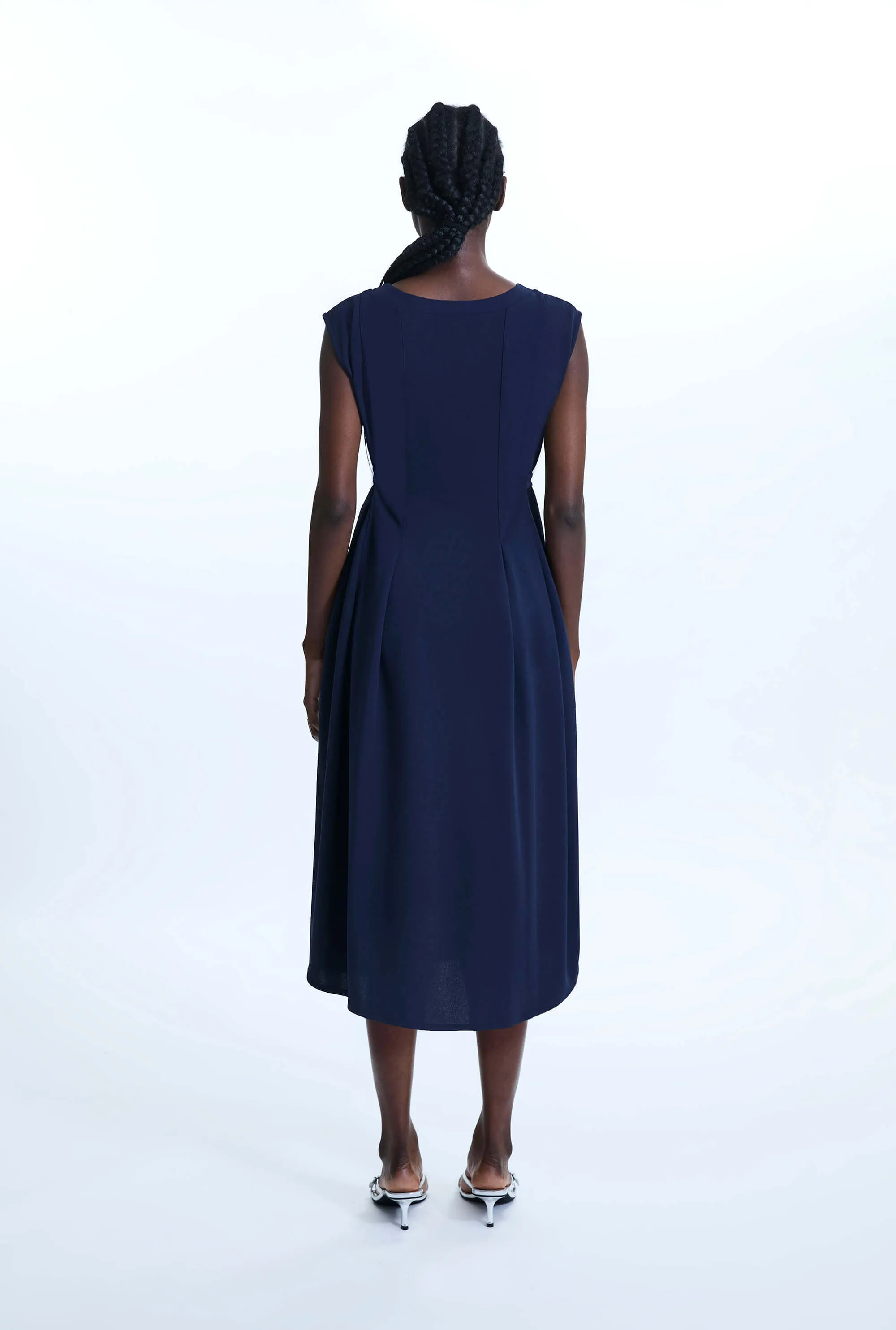 Buttoned Pocket Sleeveless Midi Dress Navy